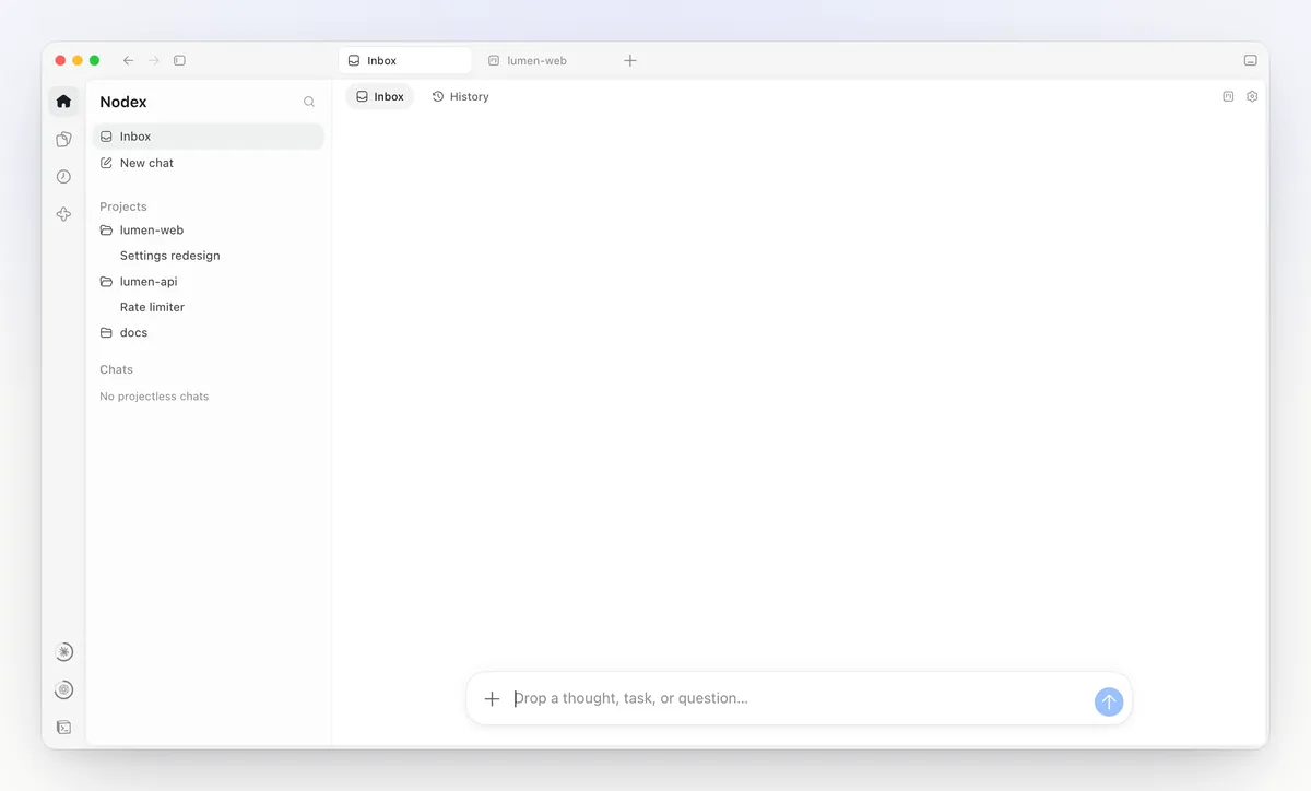 Six messages dropped into the Nodex Inbox are planned onto the right agents, one moved to Claude Opus by hand, and the cleared Inbox shows how it plans; a Claude chat fans out to GPT subagents, and the reader opens one to watch it work in Codex; a profiling chat attaches an HTML report to its Page, which opens in a browser tab beside it