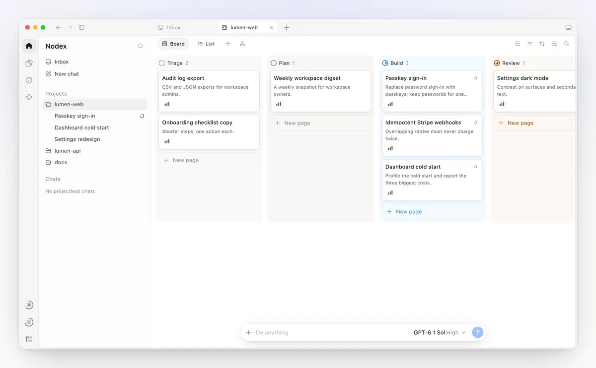 A Nodex Board where a task moves to Review while its agent writes findings into the Page, attaches its files, and the flame graph opens from the Page’s file tree in a tab beside it