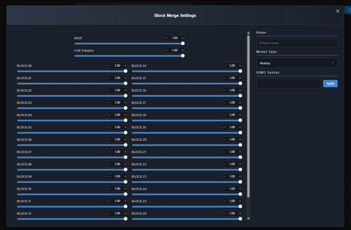 Block merge settings dialog