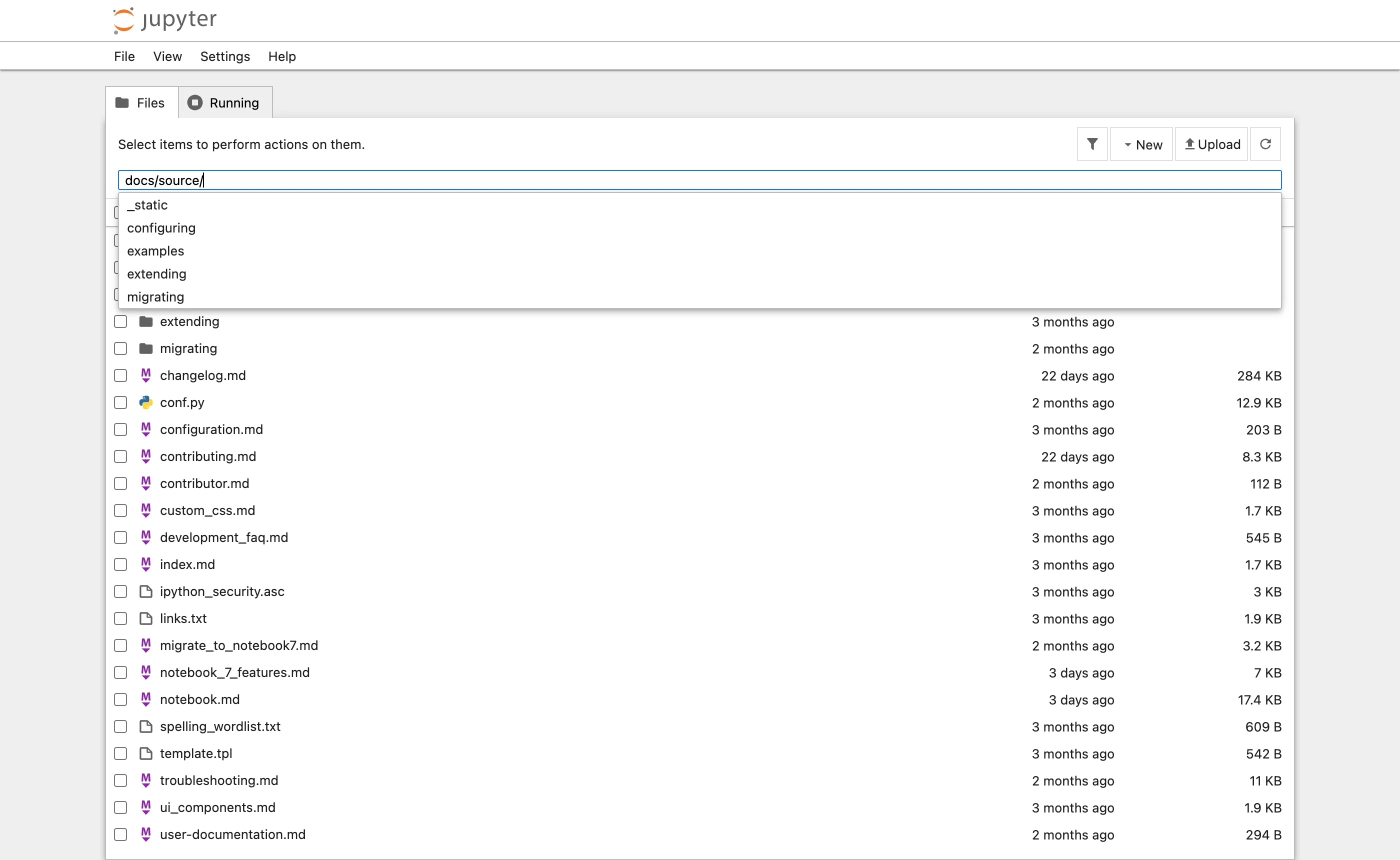 The file browser showing an editable breadcrumb input field with a completion dropdown listing subdirectory names