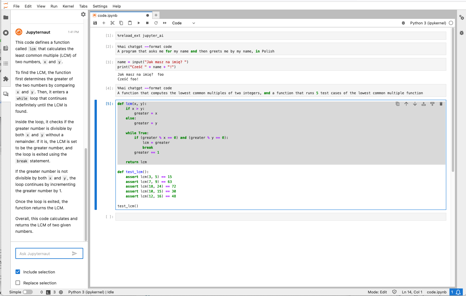 A screenshot of Jupyter AI showing the chat interface and the magic commands