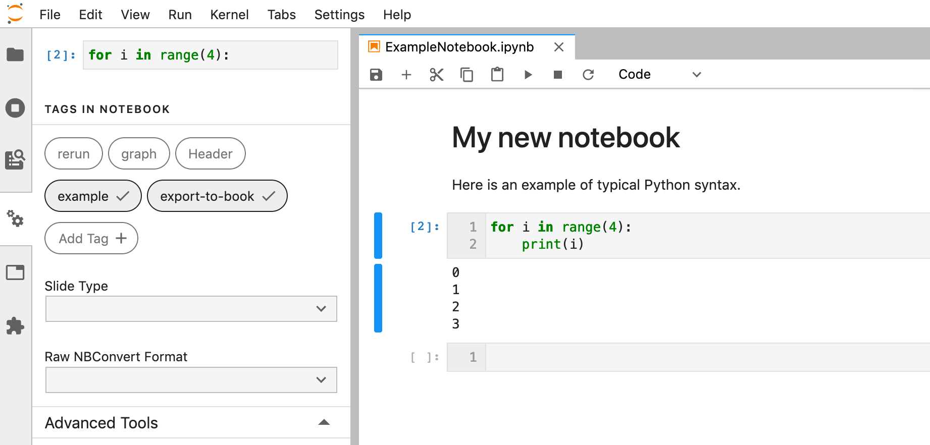 Notebook cell tags in the left sidebar next to an open notebook.