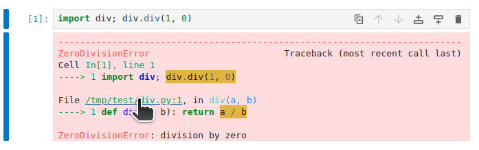 A link to the file with definition of imported module is shown in the traceback
