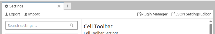 The Import and Export buttons in the Settings Editor are the first two items in the toolbar panel