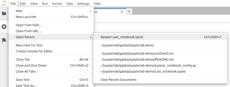 An 'Open Recent' sub-menu in the 'File' menu allowing to re-open recently used files