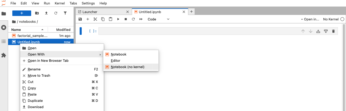 File browser context menu with 'Open With → Notebook (No Kernel)' option