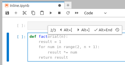 In a code cell with `def fac` content a ghost text containing a suggestion representing further code of factorial function is shown; over the code cell there is a floating widget allowing to accept the suggestion and iterate between alternative suggestions