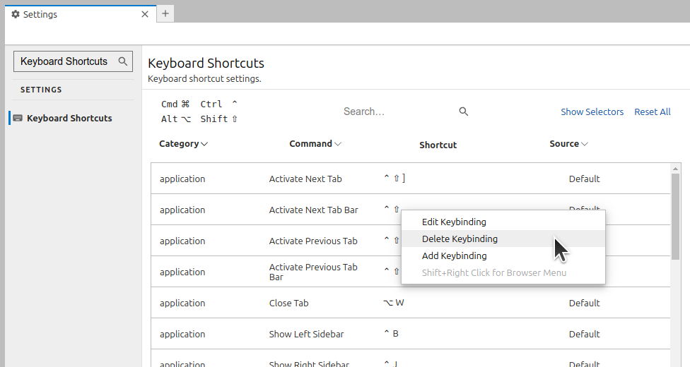 A context menu opened over a keybinding in the Keyboard Shortcuts setting panel within the Settings widget