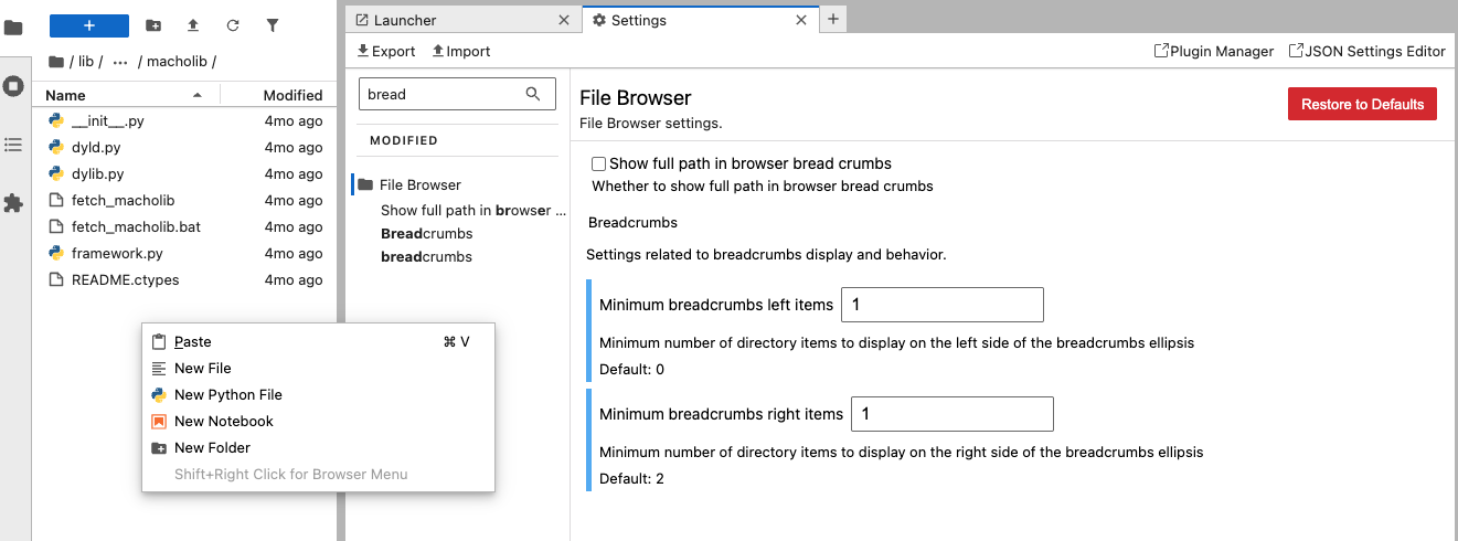 File browser with the New menu expanded showing options to create Python, R, and Julia files; breadcrumb bar displayed above file list