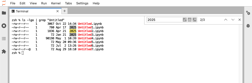 Terminal panel showing the search bar with highlighted matches