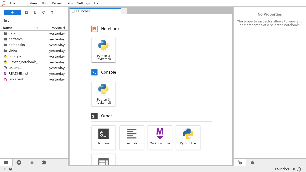 JupyterLab with the activity bar icons placed at the bottom of the left sidebar