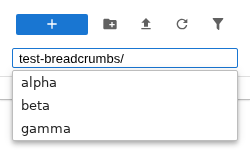 The file browser showing an editable breadcrumb input field with a completion dropdown listing subdirectory names