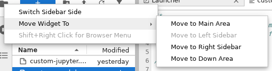 The 'Move Widget To' context menu submenu, showing options to move a section to the main area, left sidebar, right sidebar, or down area.