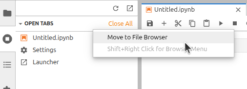 The 'Move To File Browser' context menu entry on Open Tabs section of Running panel