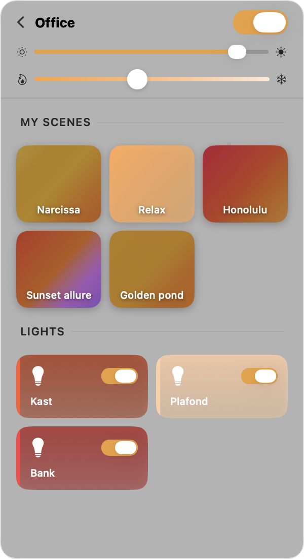HueBar room detail view showing scenes and individual lights