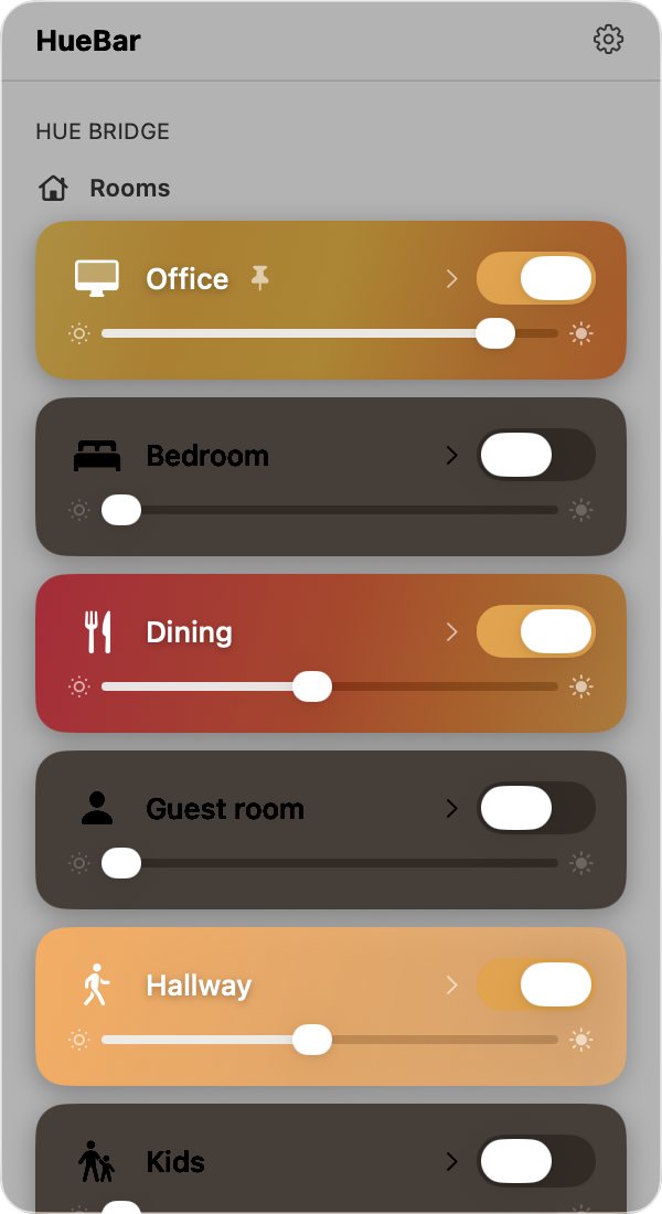 HueBar rooms view showing room list with brightness sliders and on/off toggles