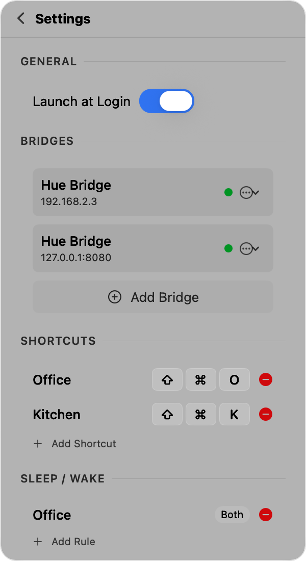 HueBar settings showing keyboard shortcuts and sleep/wake rules