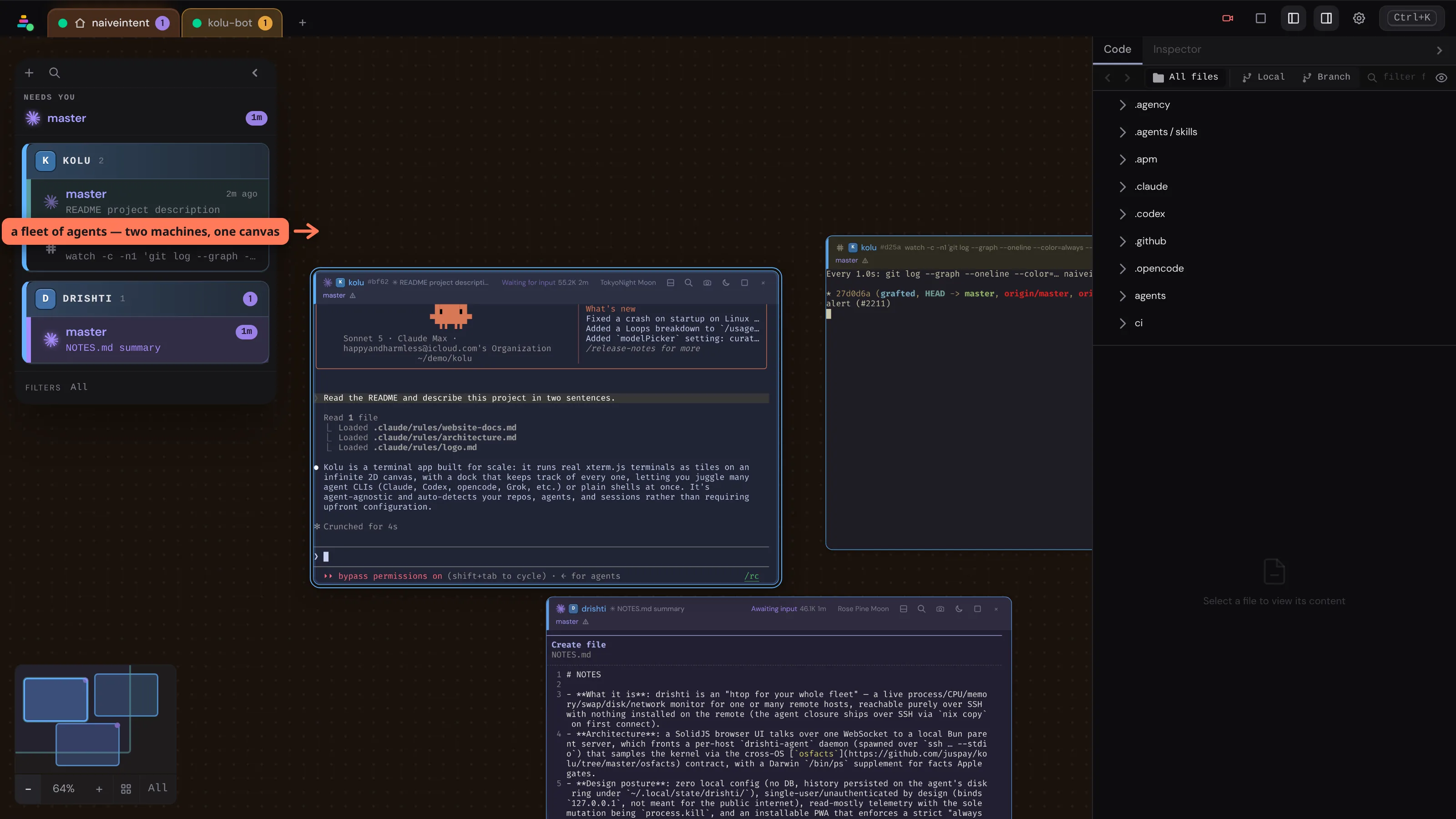 Kolu running in a browser workspace with the dock, terminal tiles, and code panel visible