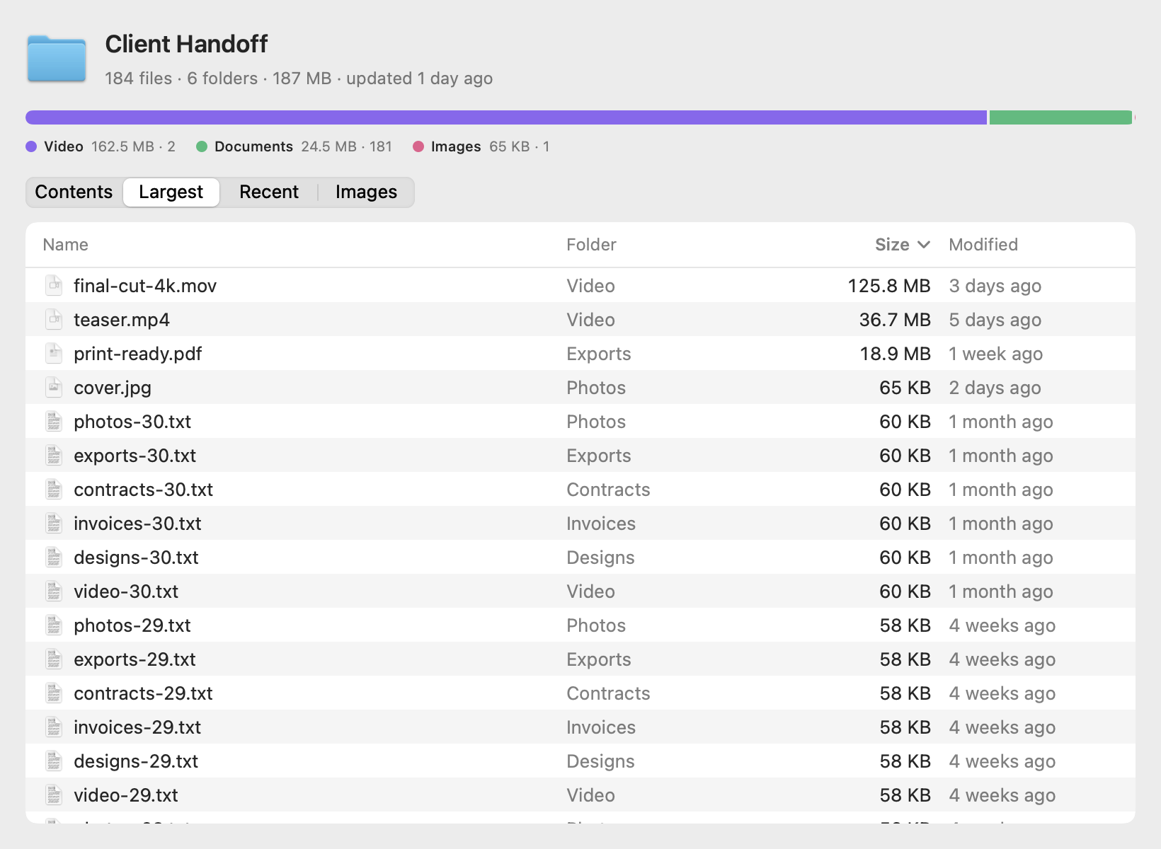 Folderglass showing the largest files in a folder