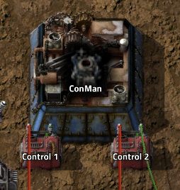 Image of ConMan with controls labelled: Control 1 lower left, Control 2 lower right