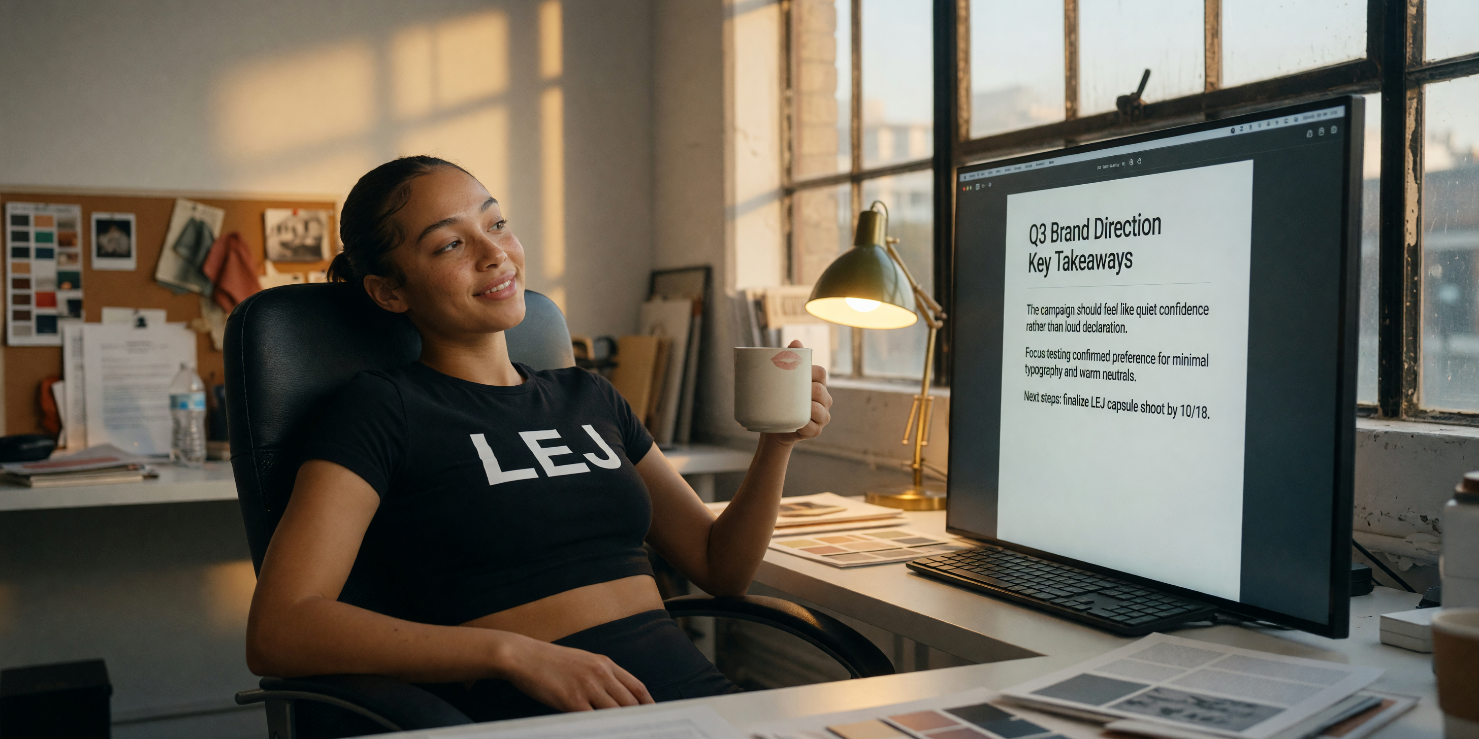 A woman in an LEJ shirt relaxing at a clean studio desk, finally reading a screen that makes sense