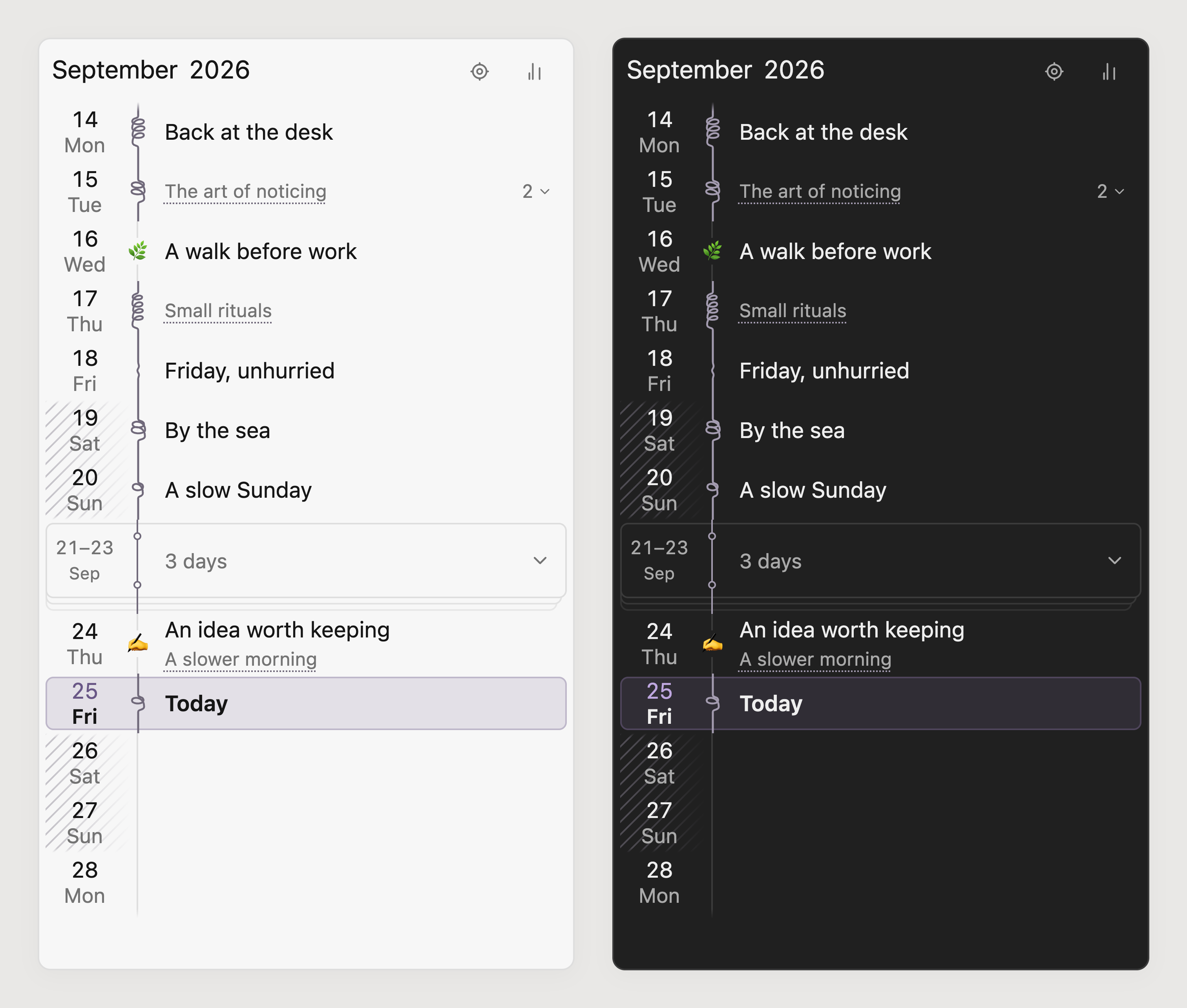 Margin in light and dark themes, with named days, emoji markers, linked notes, and a folded gap