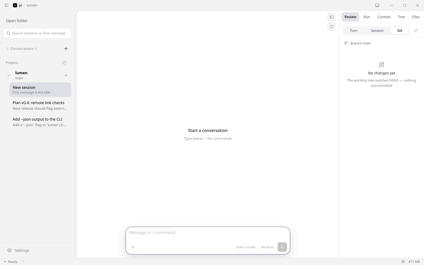 A prompt is sent; the agent runs tests, reads a file, edits it, reruns tests, and the changes appear in Review