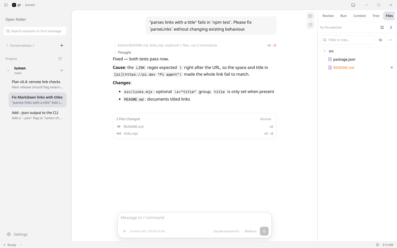 links.mjs opens in the Files panel, links.test.mjs opens in a second tab, a line is quoted into the composer, and the preview expands over the chat column