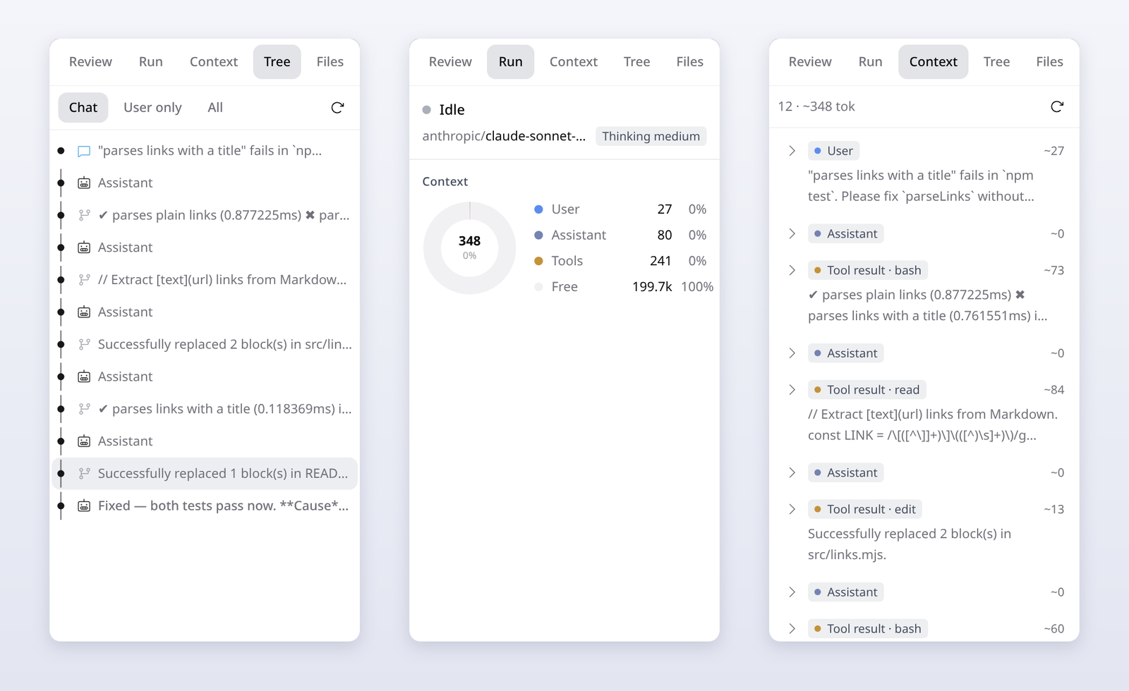 Tree panel with the session as a tree, Run panel with the context breakdown ring, and the Context panel listing context entries with token estimates