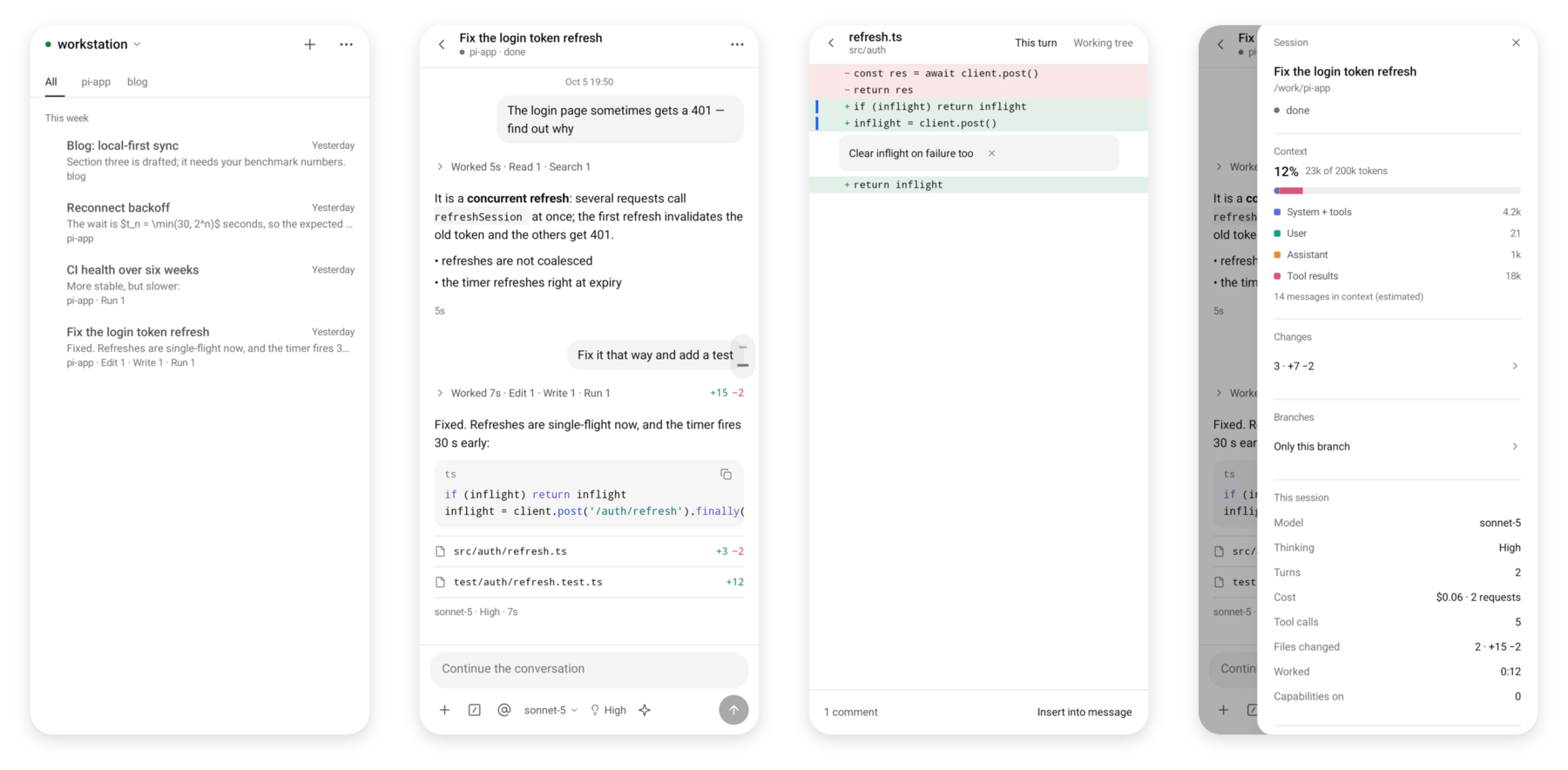 pi Remote on Android: the inbox of sessions, a session with its tool steps and changed files, a diff with a line comment, and the session panel with context, changes, branches and cost