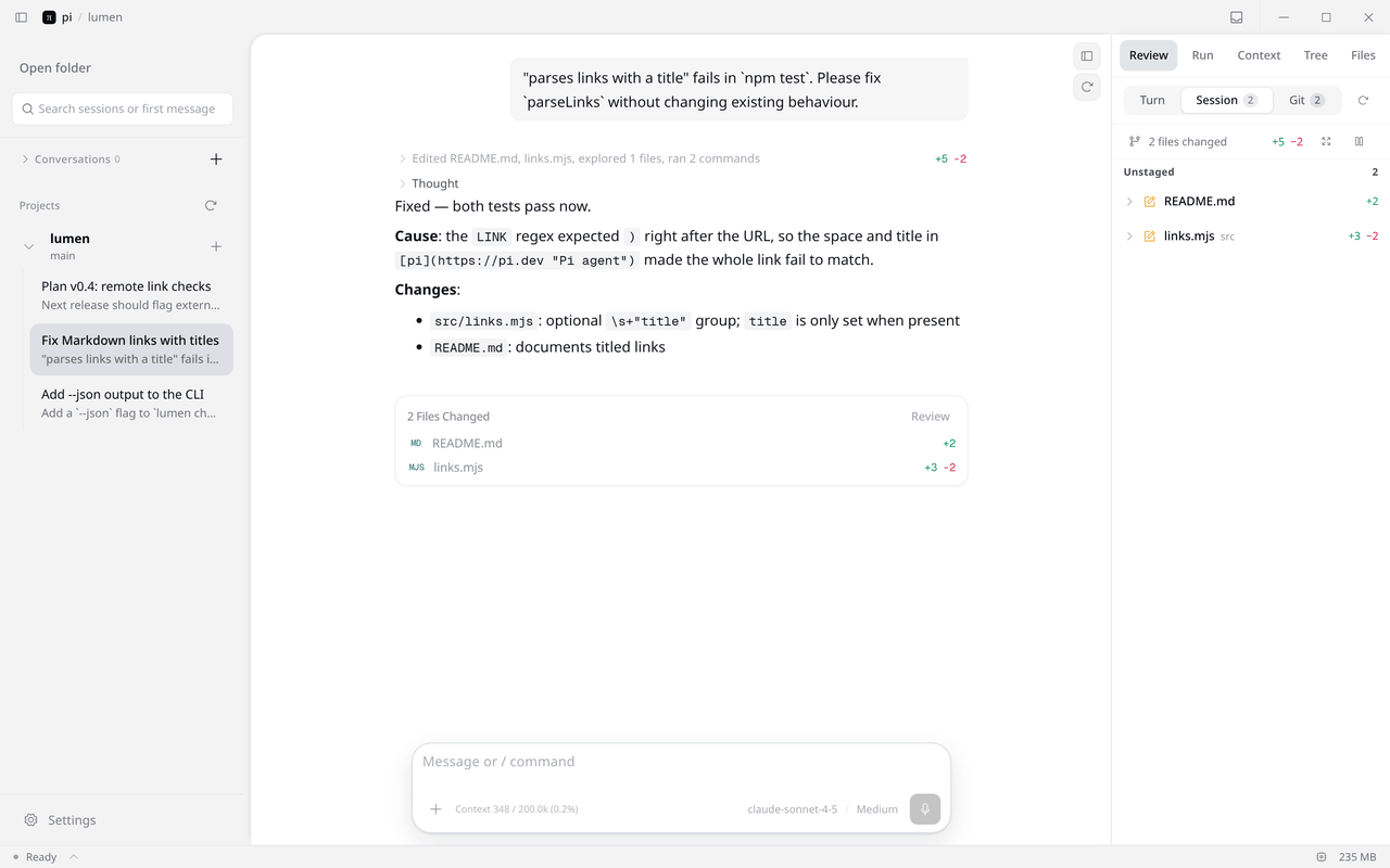 The right sidebar is dragged wider, the Git diff of links.mjs switches to side by side, and one hunk is staged