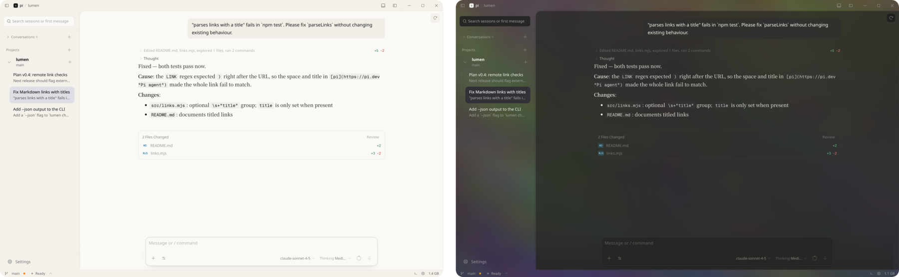 The Claude theme: warm ivory with serif replies in light mode, and warm charcoal over a soft background image in dark mode