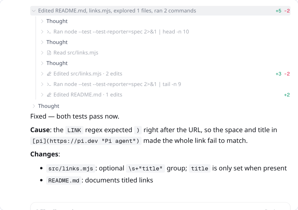 Expanded tool steps: thinking, ran node --test, read src/links.mjs, edited src/links.mjs and README.md