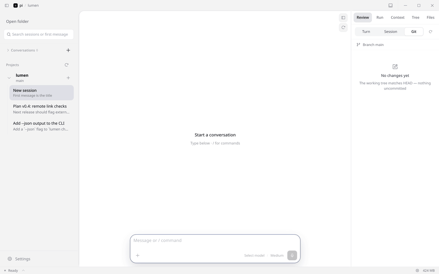 A prompt is sent; the agent runs tests, reads a file, edits it, reruns tests, and the changes appear in Review