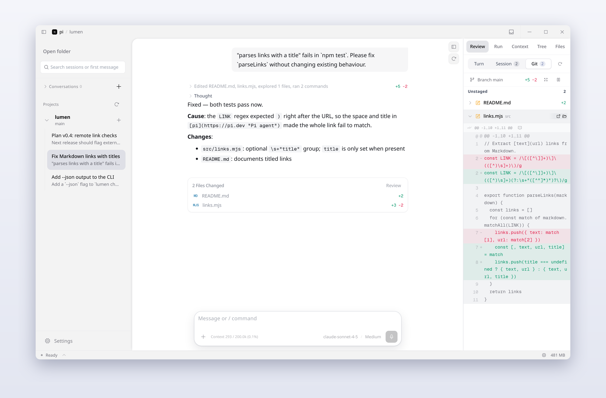pi Desktop: a finished turn in the timeline, with the Git diff open in the Review panel