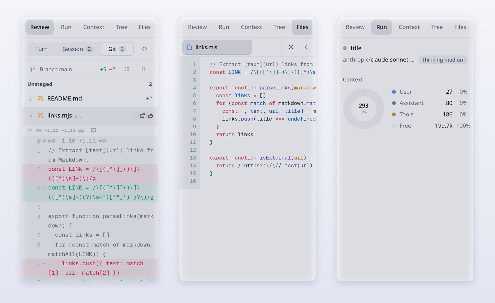 Review panel with an inline diff, Files panel previewing src/links.mjs, Run panel with a context breakdown ring