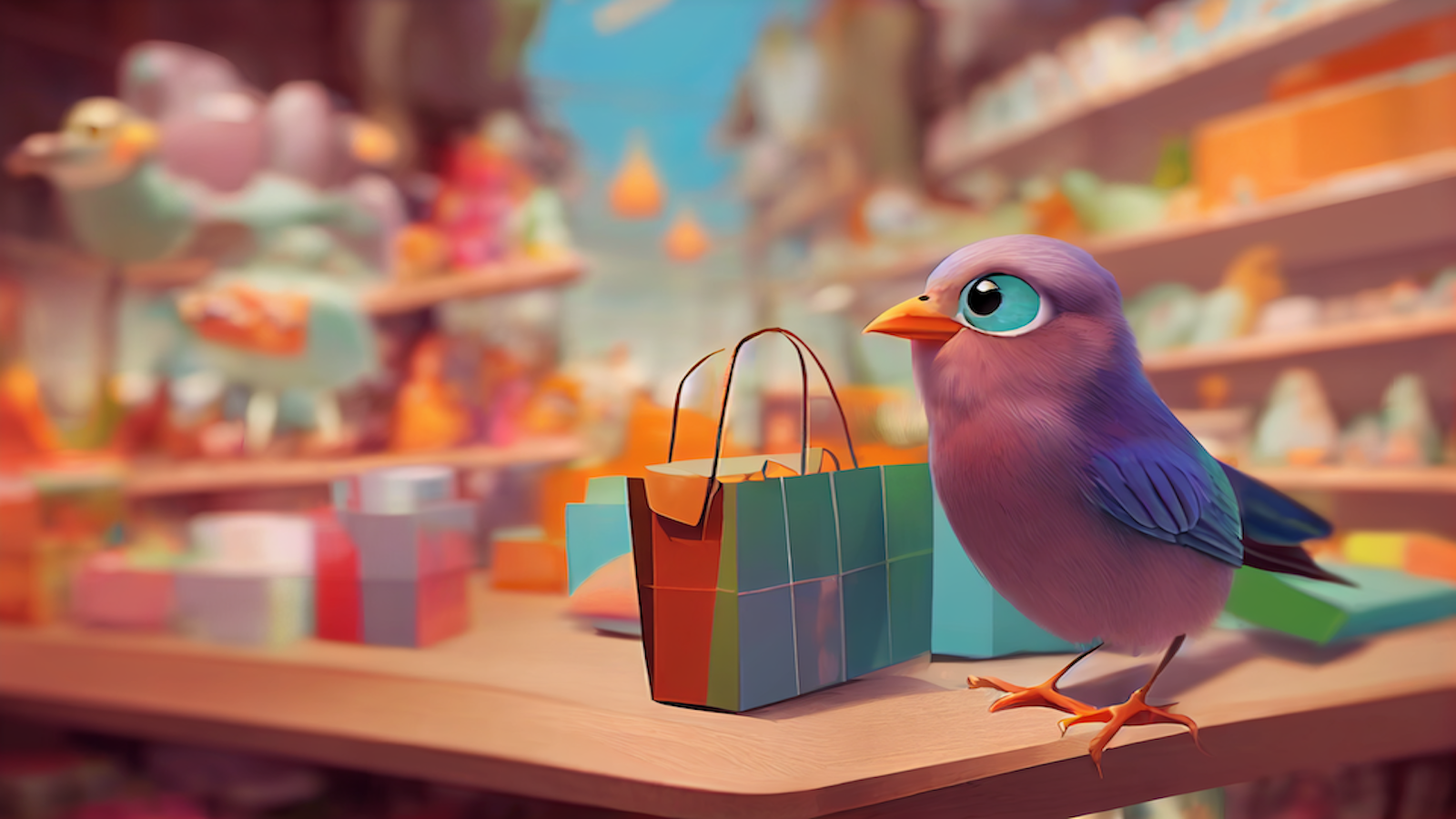 Cover image of a cute animated bird shopping in a store