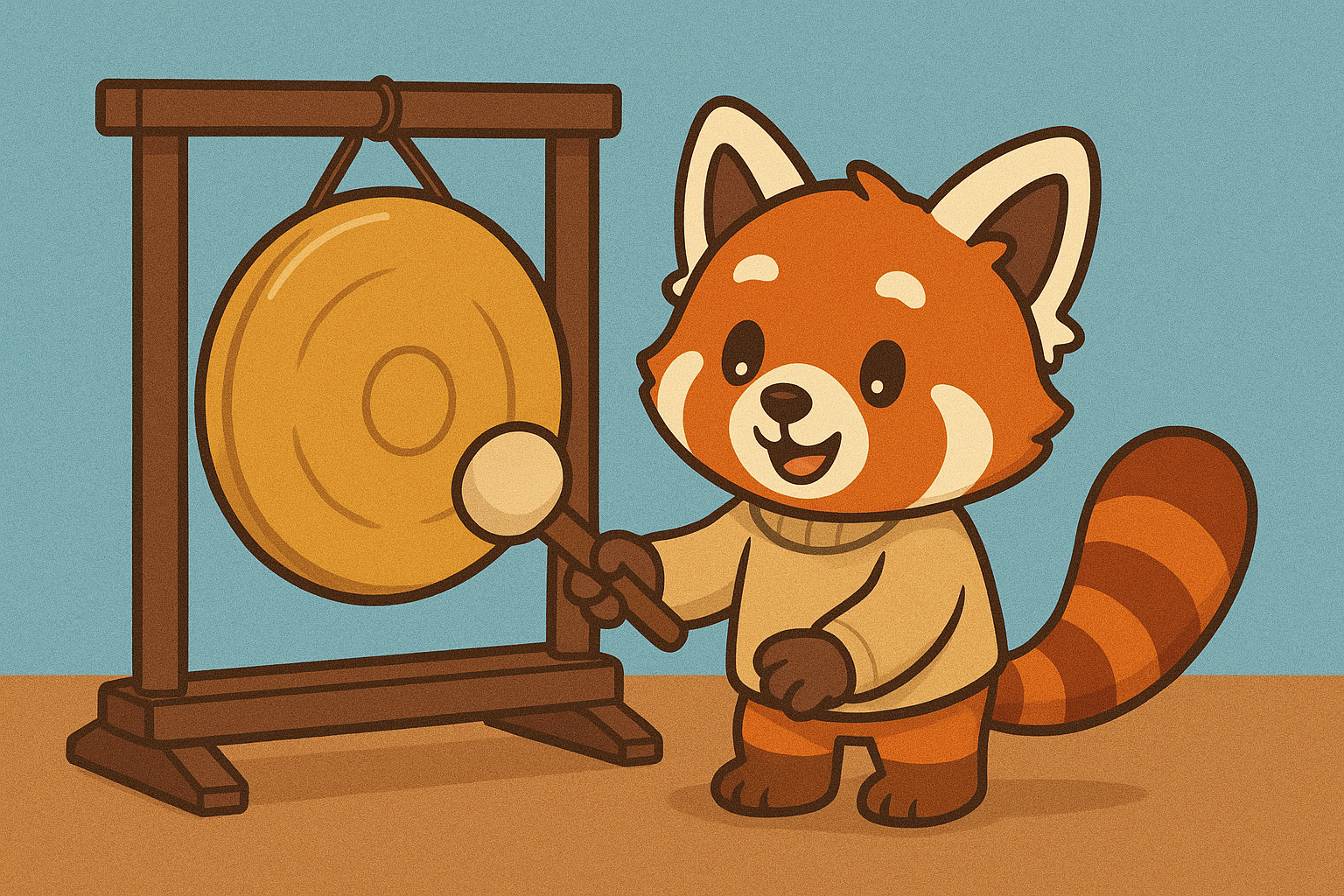 A cute red panda hitting a gong