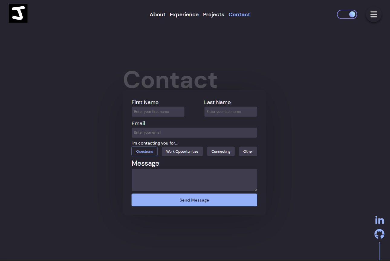 portfolio dark mode contact page