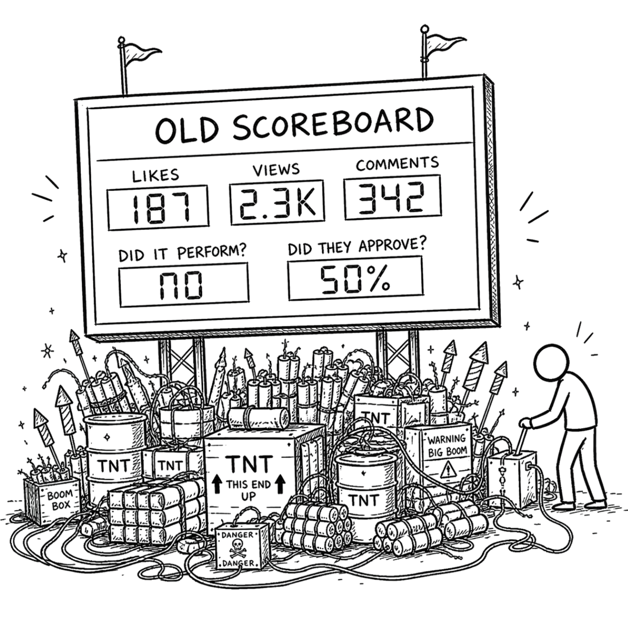 The old scoreboard — hand-drawn mark of the metrics that were making you smaller.