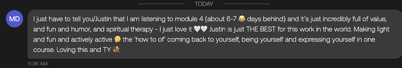 Testimonial — module 4 is incredibly valuable, combining fun, humor, and spiritual therapy