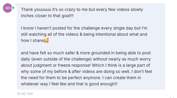 Testimonial — feeling safer posting daily without fear of judgment