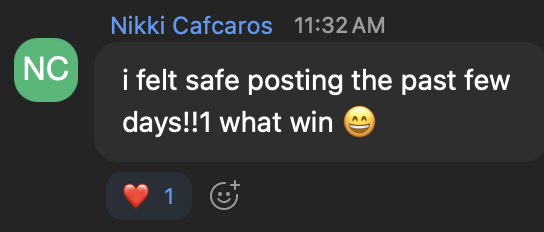 Nikki — felt safe posting the past few days, calls it a win