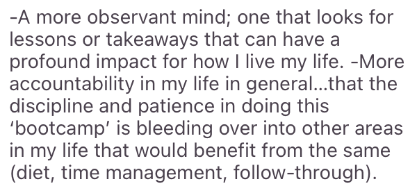 Testimonial — discipline bleeding into diet, time management, follow-through