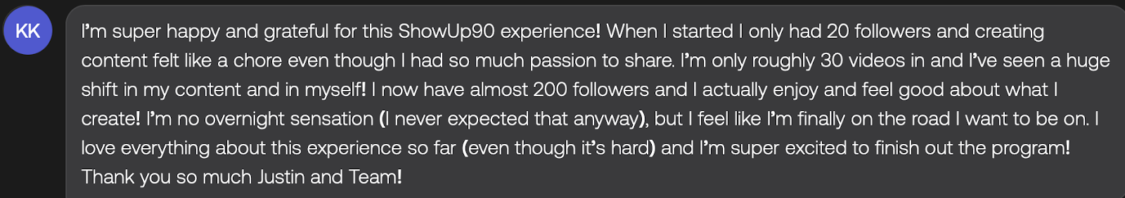 Testimonial — grew from 20 to 200 followers, content no longer feels like a chore