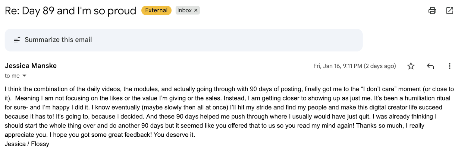 Jessica Manske — Day 89 email about transformation, would do it again