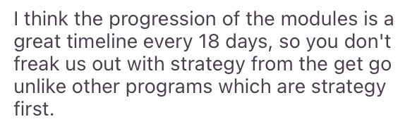 Testimonial — praising the 18-day module progression