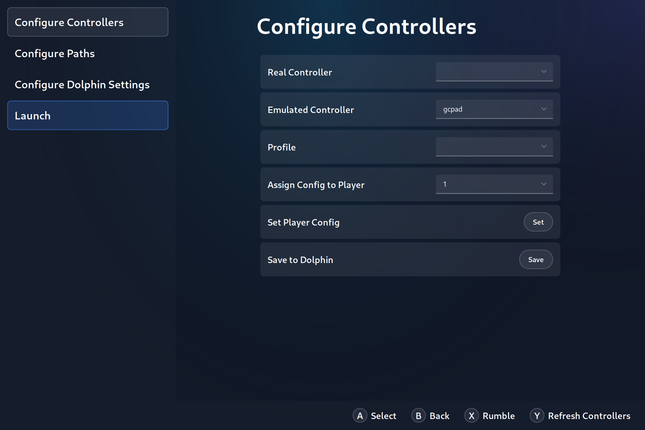 Dolfie Screenshots with sidebar on left side and a main menu called configure controllers