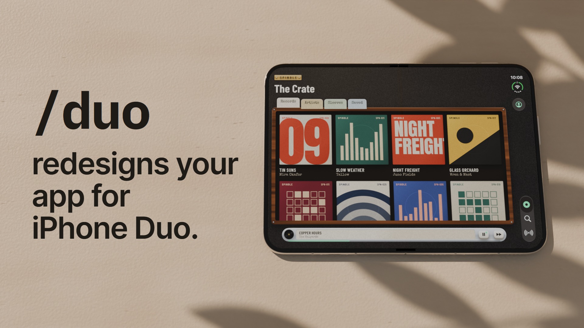 /duo redesigns your app for iPhone Duo: an open iPhone Duo on a table showing a record library in four columns