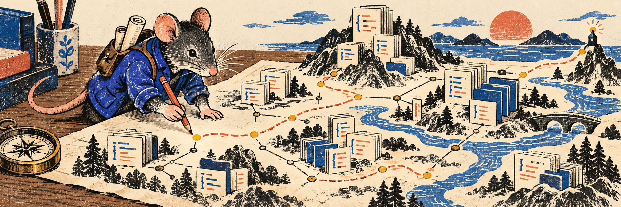 A cobalt-coated workshop rat maps a repository: source files become islands linked by symbols, callers, and dependencies.